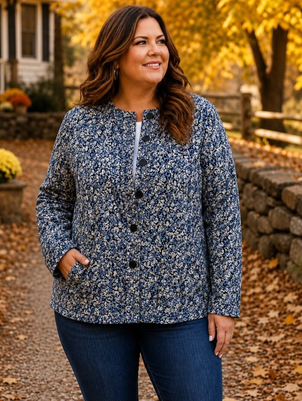 J. Jill Quilted Size XL Floral Boxy Fit Jacket Navy White Ditsy Floral Cotton